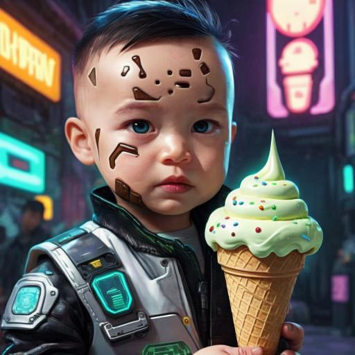 Giant ice cream cone held by a tiny baby.