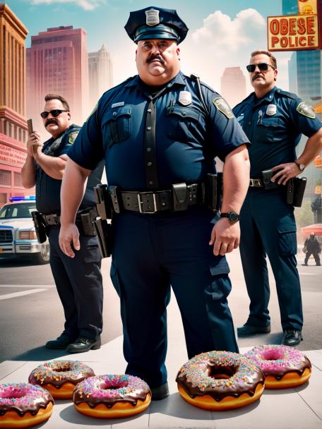 Obese police officer with doughnuts.
