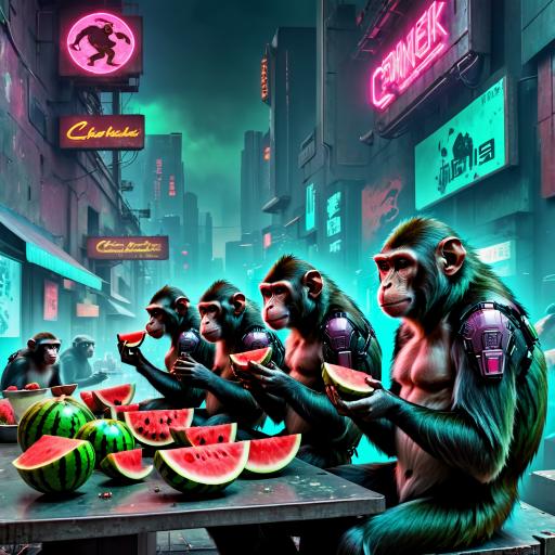 Monkeys eating watermelon