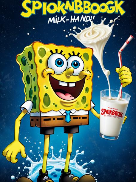 Spongebob with milk in his hand.