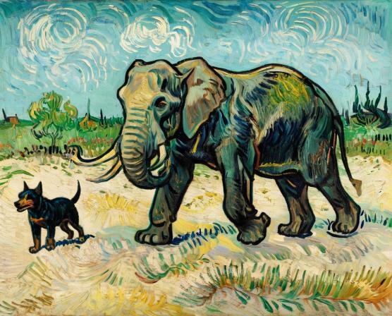 A dog following an elephant.
