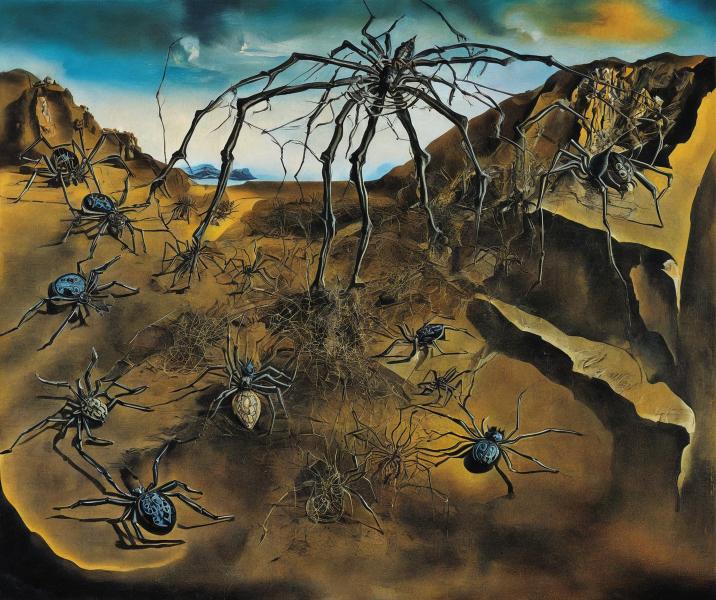 interwoven branches, spinnerets of spiders in a thicket by the mountain escarpment.