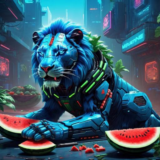 Blue lion eating a watermelon.