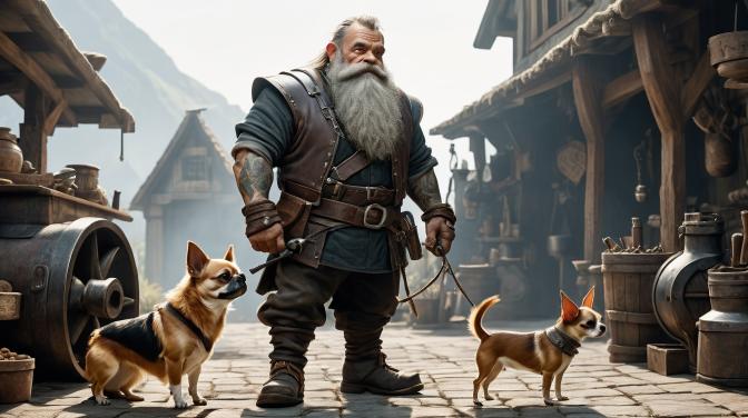 A blacksmith dwarf with a chihuahua.