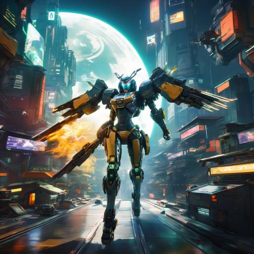 Beautiful mecha anime flying woman fighting in space.