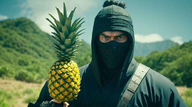 A ninja holding a pineapple.