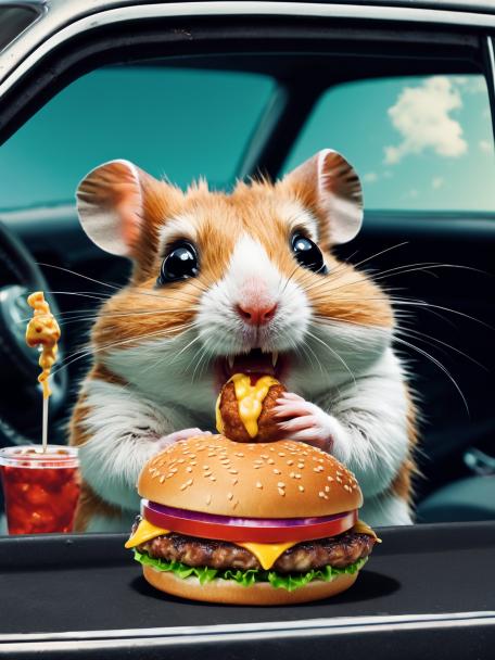 Freaky hamster in a car eating a burger.