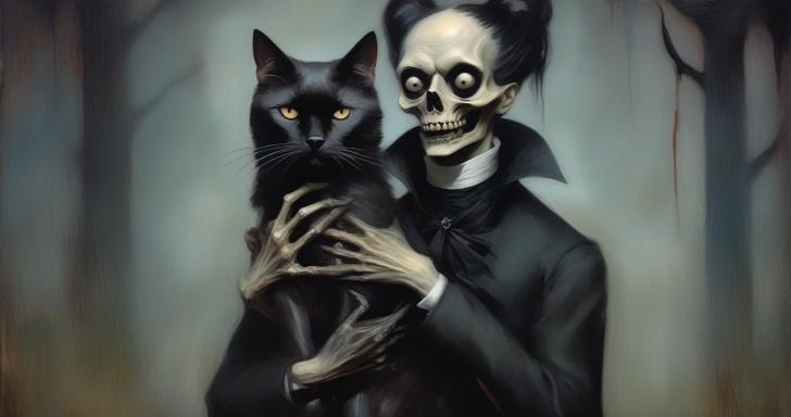 A dog holding a cat by the neck.