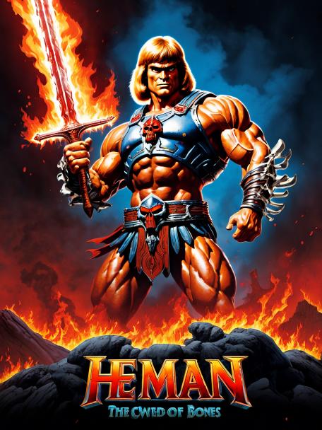 He man holding a sword made of bones that is on fire with blood dripping off of it.