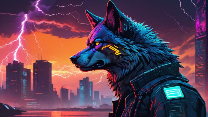 An alpha wolf staring into the sunset with lightning and a phone in his hand whilst he cries.
