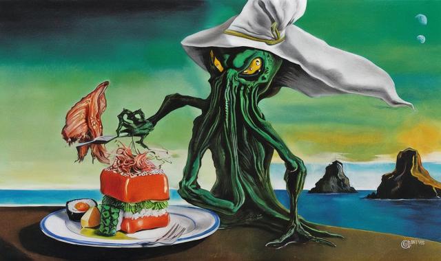 Cthulhu taking a dab, and he's wearing a really tall chef hat because he's a sushi