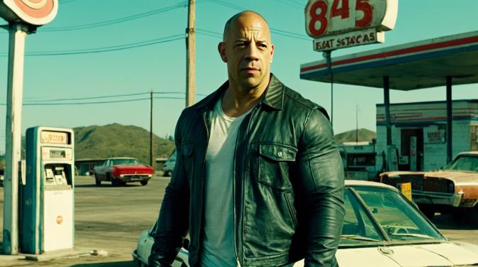 Vin Diesel working at a beat-up old gas station.