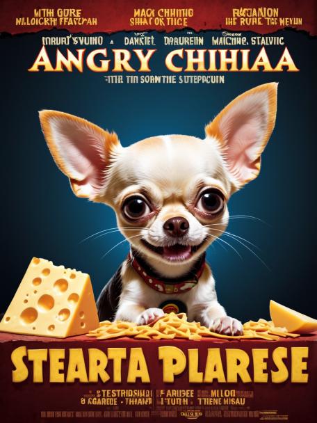 Angry Chihuahua stealing cheese from Mickey Mouse.