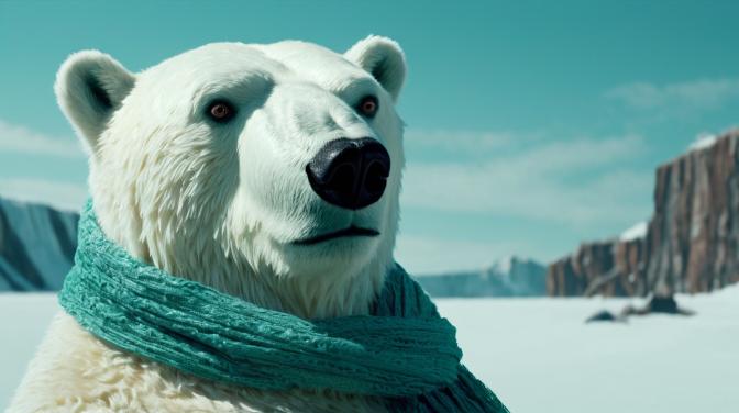 a polar bear withering a scarf drinking a bottle of coca-cola