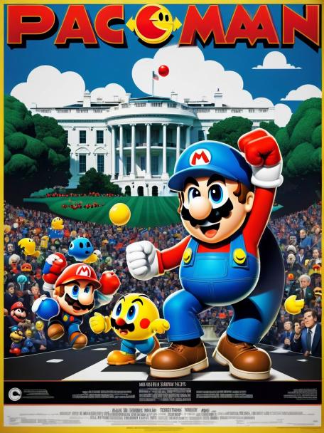 Pac-Man fighting Mario at the White House.