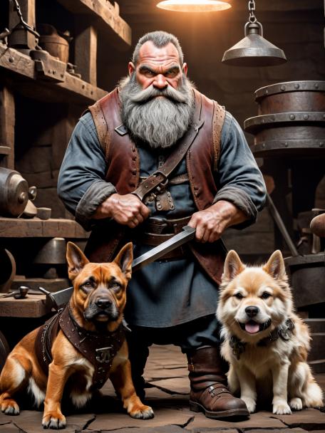 A blacksmith dwarf with a canine.