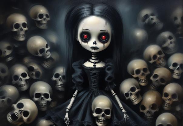 A spooky Wednesday doll with skulls around her.