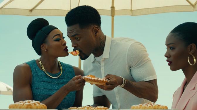 Ava and Valentine as a black guy eating a pastry.