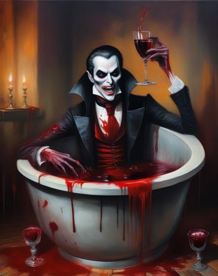 A rich aristocrat vampire sitting in a tub of blood sipping a champagne glass with blood and an eyeball in it.