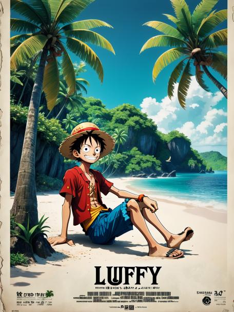 Luffy from One Piece relaxing at a tropical island.