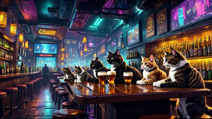 Cats drink a lot of beer in the bar.