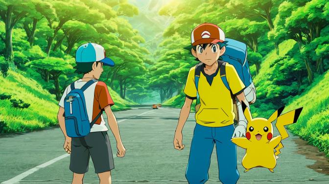 Ash Ketchum traveling with his buddy Pikachu in the Sinnoh region.