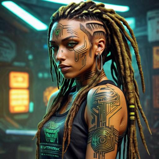 Attractive female with dreads, tan skin, a tattoo on his left arm, and a tight tan.