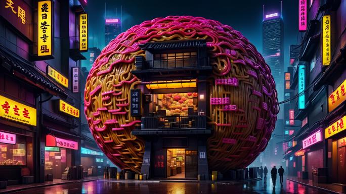 A giant ball of ramen in the shape of a building.