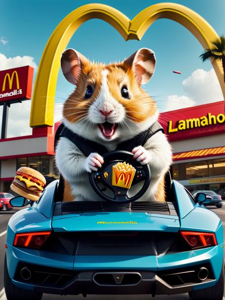 freaky hamster driving a lamborghini eating mcdonalds