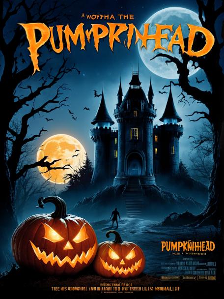 a movie called Pumpkinhead. It showcases a man with an evil-looking pumpkin head. He is surrounded by a creepy-looking castle that is lit by the moonlight and has eerie-looking trees surrounding surrounding it.
