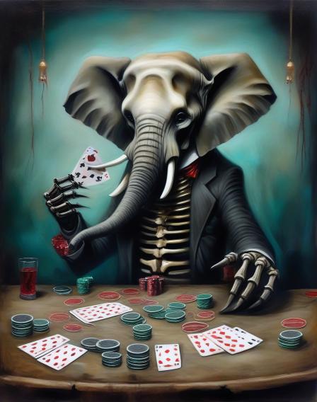 create depiction of an elephant playing poker in skeletal form