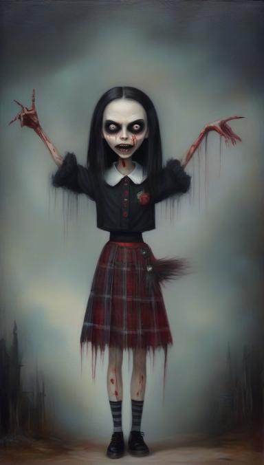 A teenage girl vampire wearing a plaid skirt pointing straight up in the air with pom-poms.