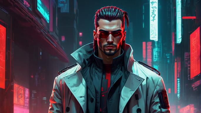 Attractive white male, with a ponytail of shape sides, and a tight trench coat with red accents.