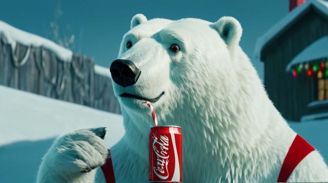 Christmas polar bear drinking a Coke.