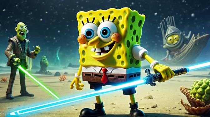 Spongebob Squarepants fighting Jack Black with a lightsaber.
