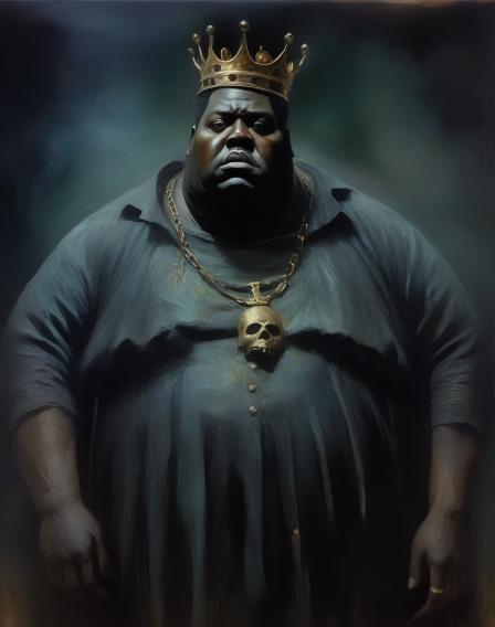 A very obese black man who looks like a king.