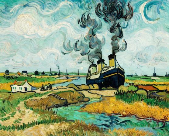 River, Steamer, Ship, Cow, Pens, Smoking, Rock, Chimneys