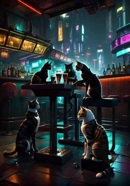 Cats are drinking together in the bar.