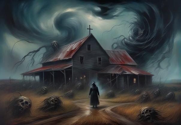 A tornado swirling around a farm area with souls trapped inside.