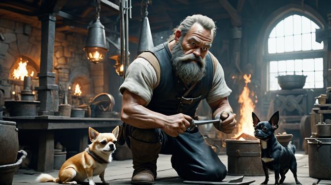 Blacksmith Dwarf with a Chihuahua.