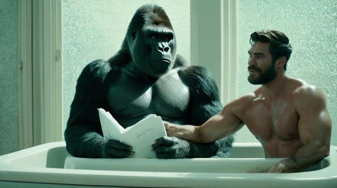 Gorilla in a bathtub with a gay man.
