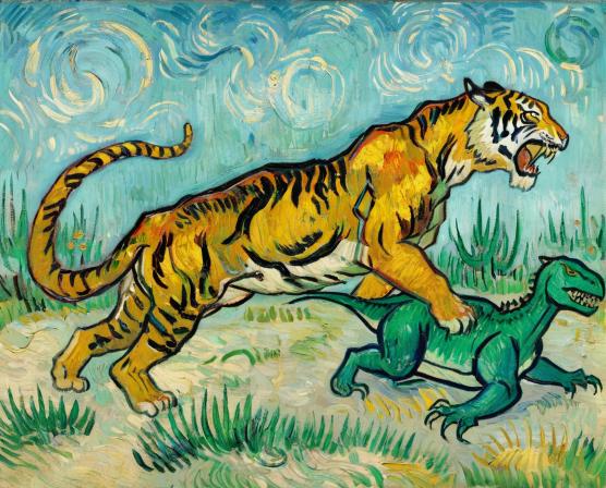 A tiger fighting a dinosaur.