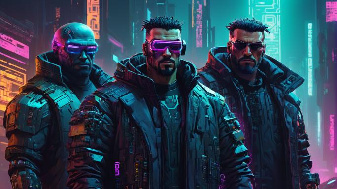 Generate four big guys surrounding me.