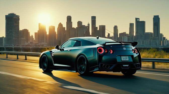 GTR on a two lane road with a city in the distance and the sun setting behind the city.