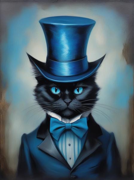 Tuxedo cat with blue hat backwards and blue shirt.