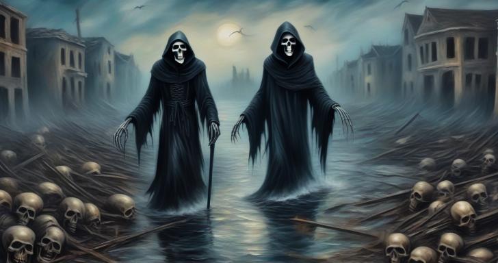Create a picture of Grim Reaper strolling through a sea of corpses in a destroyed city.