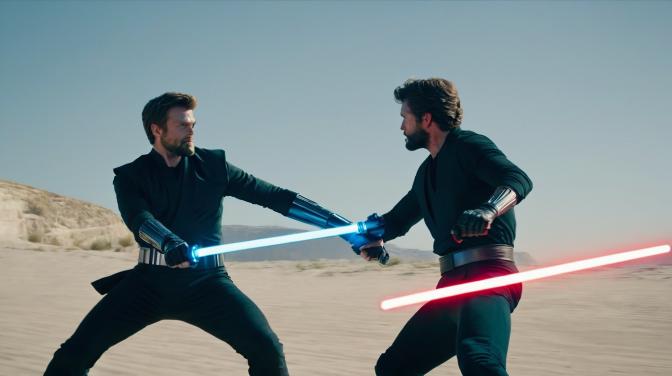 Me's fighting each other with lightsabers.