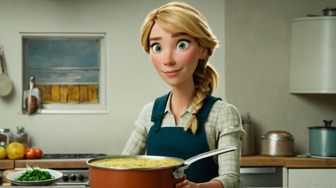 Freya has a pot of chicken noodle soup.