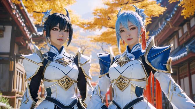 The game Genshin Impact with Amber, Lumine, Yainico, Nubilette, and Xiong Gui.