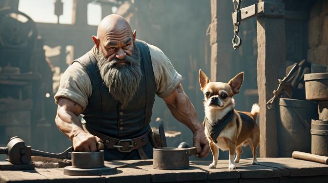 Blacksmith Dwarf with a Chihuahua.